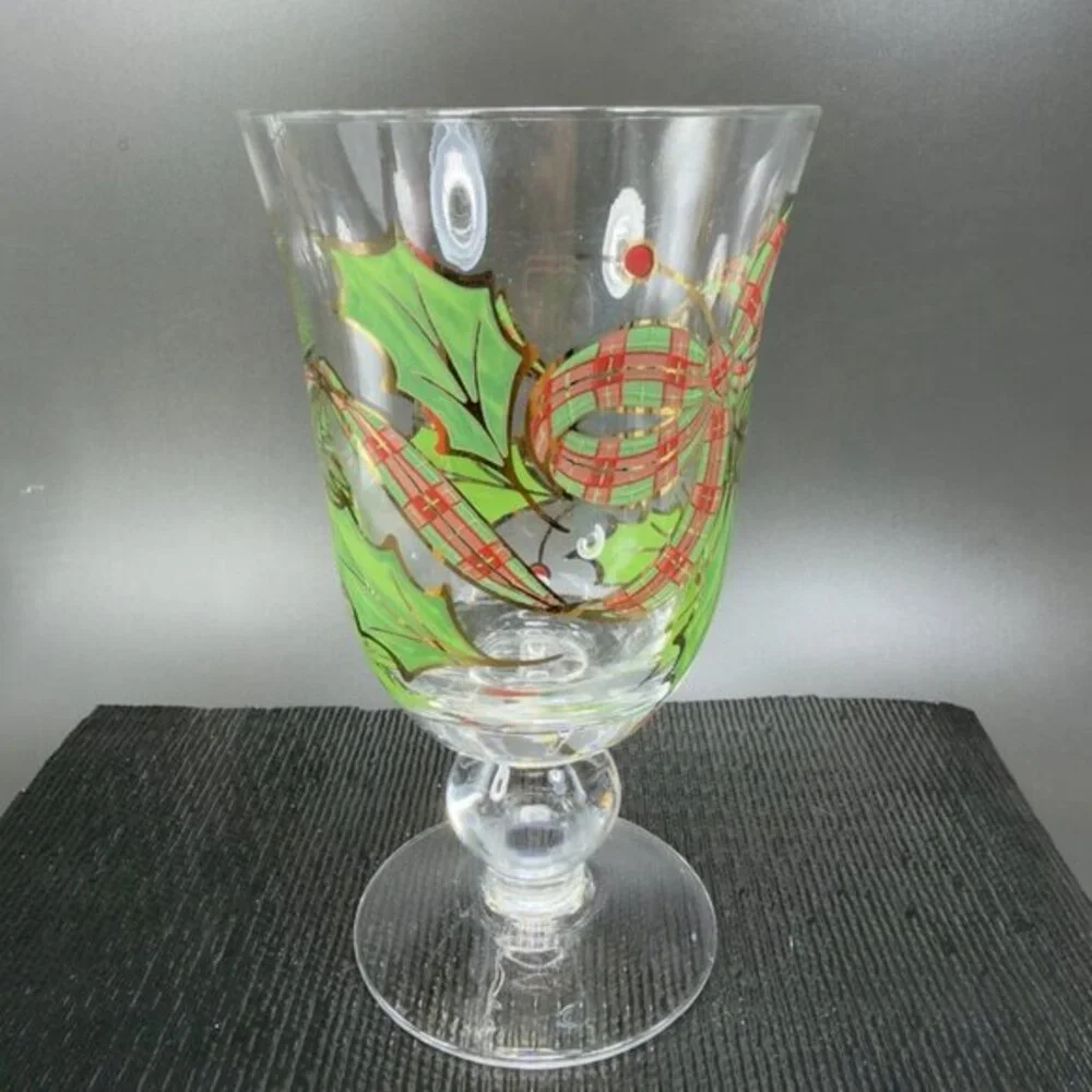Lenox Holiday Plaid Ribbon Iced Tea Glass Footed Goblet‎ Cup Hand Painted Single